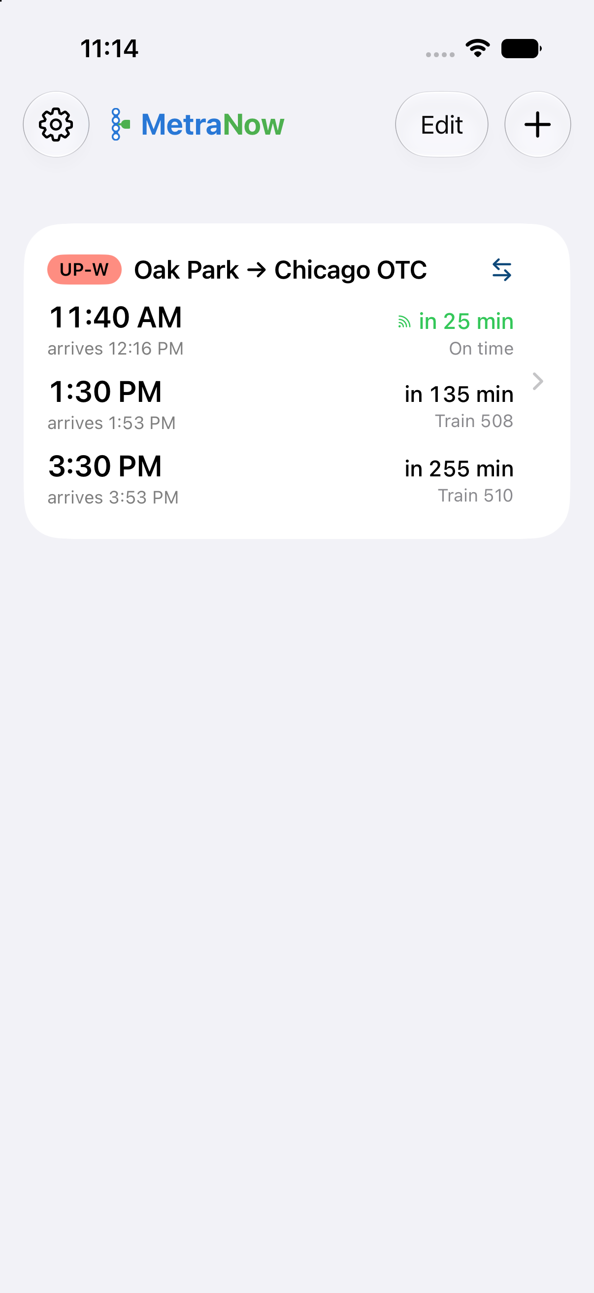 MetraNow Home Screen